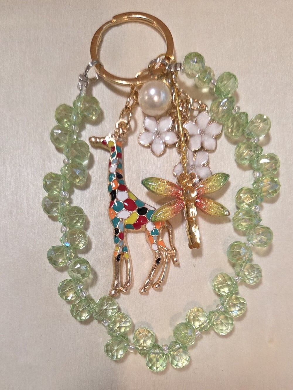Whimsical Enameled Giraffe Dragonfly Bag Charm Keychain Green Beaded Wristlet - Picture 5 of 16
